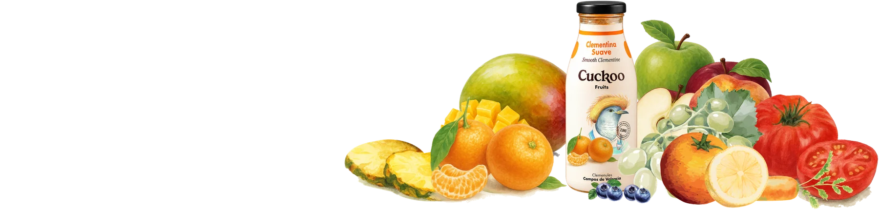 Un botellín de Cuckoo Fruits rodeado de las frutas de la gama